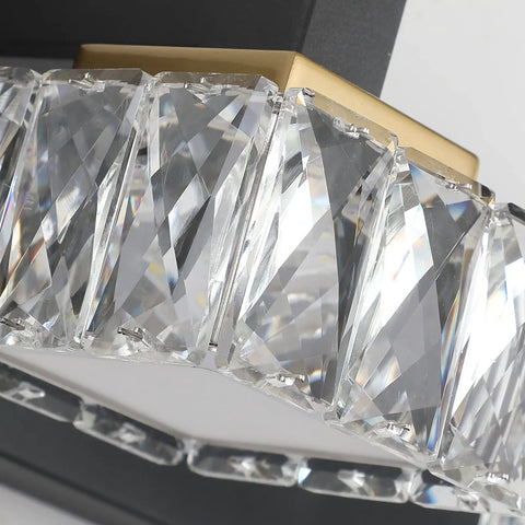 Close-up of crystal lampshades on Three Light Black Brass Vanity Light For Bathroom Mirror LED Wall Fixture With Crystal Lampshades