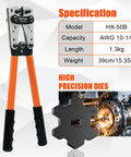 Beefed Up Battery Cable Crimping Tool Kit For Heavy Duty Automotive Wiring Includes Wire Cutter 60 Copper Lugs 60 Heat Shrink Tubing And Terminal Connectors For AWG 10 To One Zero Gauge shown with specifications and precision dies