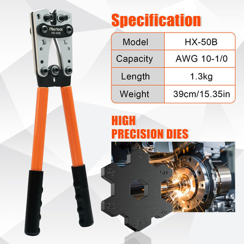 Beefed Up Battery Cable Crimping Tool Kit For Heavy Duty Automotive Wiring Includes Wire Cutter 60 Copper Lugs 60 Heat Shrink Tubing And Terminal Connectors For AWG 10 To One Zero Gauge shown with specifications and precision dies