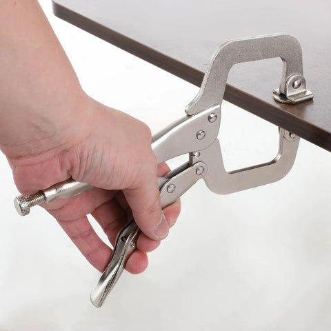 4 Piece Heavy Duty Locking C Clamps Set With Swivel Pads 6 Inch 9 Inch And 11 Inch Vise Grips in use on wooden surface