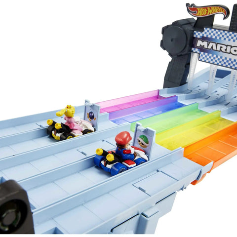 Hot Wheels Mario Kart Rainbow Road Raceway Track Set With Lights And Sounds Eight Foot Long Rainbow Course racing track with karts