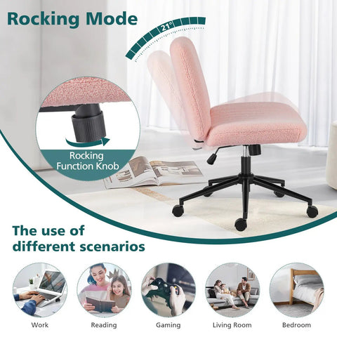 Criss Cross Chair With Wheels Wide Cross Legged Desk Vanity Chair In Teddy Pink Armless Adjustable Swivel Office Seat for home tasks