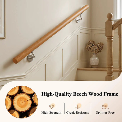 Heavy Duty Beech Wood Stair Handrail 100 Cm Super Grippy Round Safety Grab Bar on indoor stairs with smooth finish