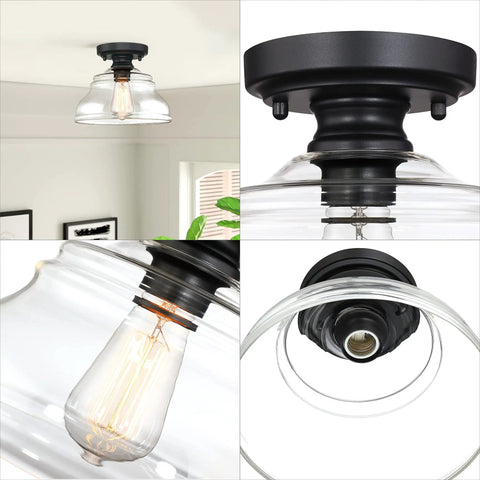 Industrial Semi Flush Mount Ceiling Light With Clear Glass In Black Finish Dope Modern Farmhouse Fixture 10 Inch Close To Ceiling Light