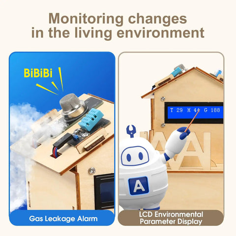 Smart Home Coding Kit for Teens 12 Plus With Micro Bit MakeCode Compatible STEM Toys Coding Set, wooden house with gas alarm and LCD display