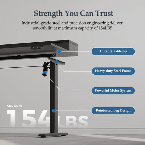 Klicelor 48X23 Inch Electric Standing Desk With Drawers Adjustable Height showing durable construction and lifting system design.