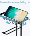 Black Free Standing Toilet Paper Holder With Shelf 2 Pack Dope Bathroom Storage Stand with a phone on top shelf.
