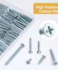 Pro Heavy Duty Wood Screws Assortment Kit With Phillips Flat Head Design In Six Handy Sizes, carbon steel screws in box.