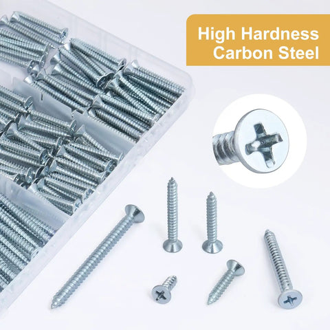 Pro Heavy Duty Wood Screws Assortment Kit With Phillips Flat Head Design In Six Handy Sizes, carbon steel screws in box.