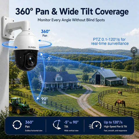 Built Tough 5Mp PoE Plus Auto Tracking Ptz Ip Security Camera Outdoor With Killer 72X Zoom And Smooth Ai Following Pro Dome mounted for 360° view.