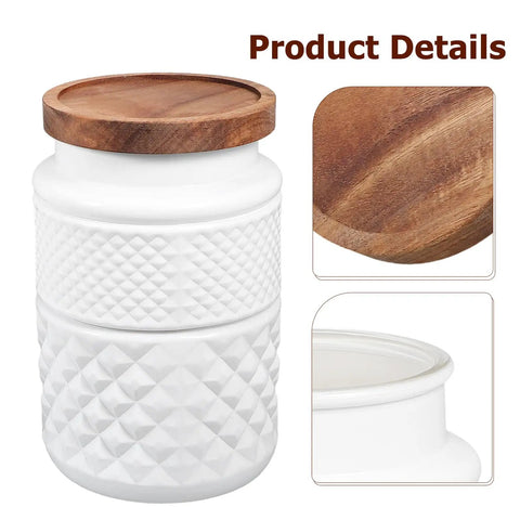 Vintage Matte White Glass Storage Jars With Wooden Lids For Coffee Beans And Tea Airtight 1800 Milliliter kitchen canister with textured design.