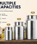Heavy Duty 304 Stainless Steel Milk Can And Water Jug With Secure Airtight Lid Freestanding Drink Dispenser in 5L, 15L, and 35L sizes.