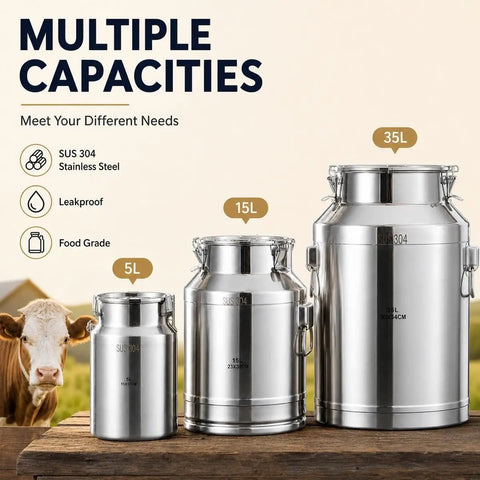 Heavy Duty 304 Stainless Steel Milk Can And Water Jug With Secure Airtight Lid Freestanding Drink Dispenser in 5L, 15L, and 35L sizes.