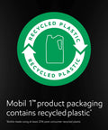 Mobil 1 motor oil packaging badge featuring a green circular recycling emblem with arrows and recycled-plastic text.