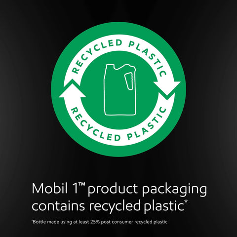 Mobil 1 motor oil packaging badge featuring a green circular recycling emblem with arrows and recycled-plastic text.
