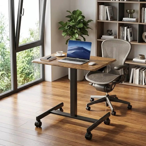 Rock Solid Mobile Standing Desk With Smooth Rollers And Quick Rise Adjustments For Effortless Sit Stand Transitions In Your Home Office Or Man Cave Featuring Classic Rustic Timber Top And Versatile Computer Workstation with laptop and chair.