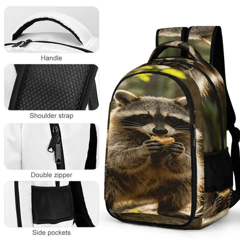 Rock Snack Raccoon Print Backpack Unisex Large Capacity Daypack Made Of Durable Polyester with handle and zippers