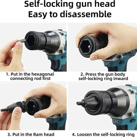 21V Cordless Electric Rivet Nut Gun Kit With Automatic Precision Fastening For M3 To M12 Sizes showing disassembly steps of the self-locking gun head.