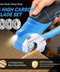 DISEN Cordless Electric Scissors With 3000Mah Lithium Battery displaying 4 high carbon blades for precise cutting on cardboard.