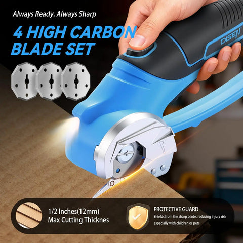 DISEN Cordless Electric Scissors With 3000Mah Lithium Battery displaying 4 high carbon blades for precise cutting on cardboard.