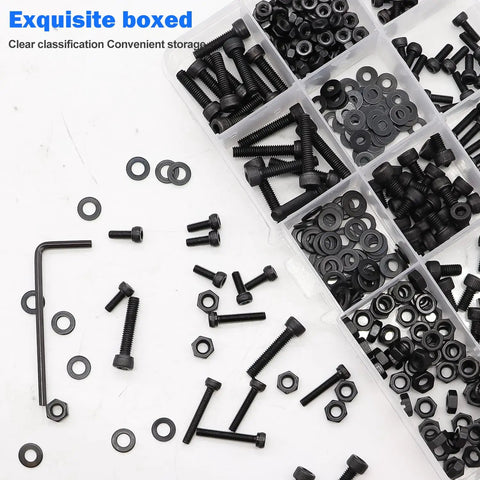 540-Piece M2 M3 Hex Socket Head Cap Screw Bolt Nut Assortment Kit Features Dead Nuts Precision In 12.9 Grade Black Zinc Plated Alloy Steel Alongside Hex Keys For Sweet 3D Prints And DIY Wins - assorted black screws, nuts, and washers in a storage box.