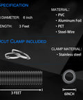 6 Inch Dryer Vent Hose, 3 Feet Flexible Insulated Air Ducting With Aluminum Foil PVC And 2 Clamps, 360 Degree Stretch, Black HVAC Ventilation Duct For Dryers And Home Vents with specification details and clamp materials shown.