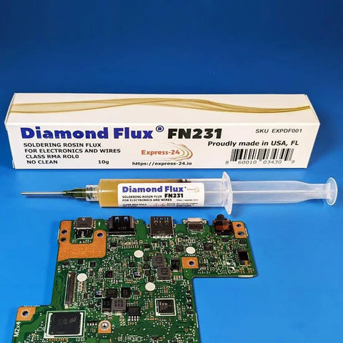 FN231 Top Notch Pro Grade No Clean Soldering Flux Gel RMA ROL0 10g syringe with PCB and packaging