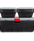Heavy Duty 48 Gallon Plastic Storage Bin With Two 8 Gallon Nested Lockable Boxes And Secure Fitting Lids stacked with red latch.