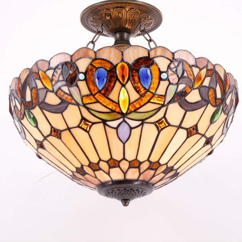 Tiffany Style Ceiling Light Fixture With Victorian Stained Glass Look Semi Flush Mount Lamp 16 Inch Shade decorative view