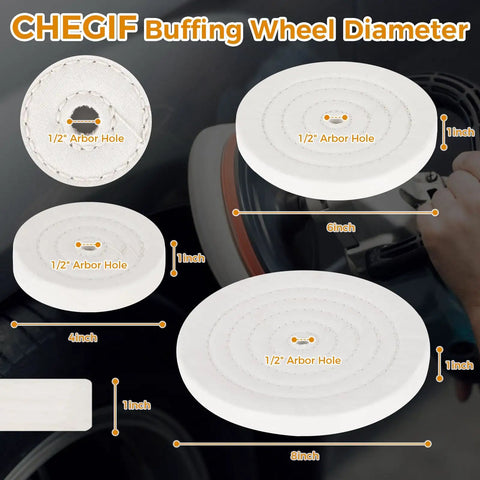 8 Inch Heavy Duty Cotton Buffing Wheels 2 Pack 50 Ply For Bench Grinders shown with diameter details and arbor hole.