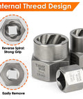 Close-up of 35 Piece Bolt Extractor Set With 1/4 And 3/8 Inch Drives For Damaged Rusted Stripped And Rounded Off Bolts And Nuts Easy Grip Nut Remover Socket Kit For Real World Tough Jobs Includes Adapters And Hex Heads showing internal thread design and reverse spiral grip.