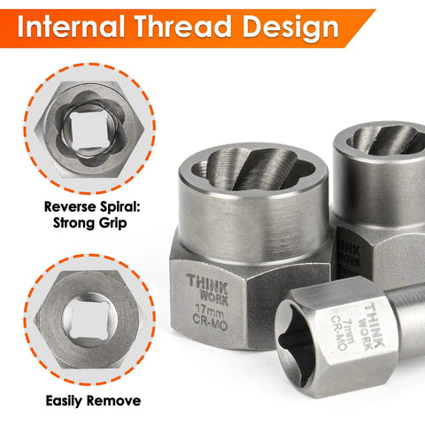 Close-up of 35 Piece Bolt Extractor Set With 1/4 And 3/8 Inch Drives For Damaged Rusted Stripped And Rounded Off Bolts And Nuts Easy Grip Nut Remover Socket Kit For Real World Tough Jobs Includes Adapters And Hex Heads showing internal thread design and reverse spiral grip.
