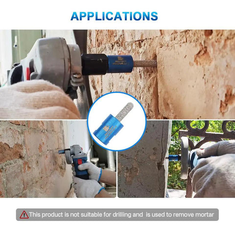 Go To Mortar Raking Bit For Tuck Pointing And Brick Removal, Pro Grade Vacuum Brazed Bit in use with angle grinder on brick wall