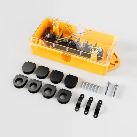 7 Way Trailer Wire Junction Box With Clear Color Coded Cover And 7 Pin Terminal Studs Heavy Duty 7 Gang Trailer Wiring Connector Weatherproof Electrical Box For Rewiring RV Campers Trailers And Boats, shown with accessories and mounting hardware