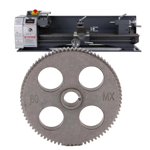 T80 Mini Lathe Gear Replacement Part For MX 210 WM 210 8x16 Lathe Machine, 80T, OD 83mm, ID 12mm, steel gear with lathe in background