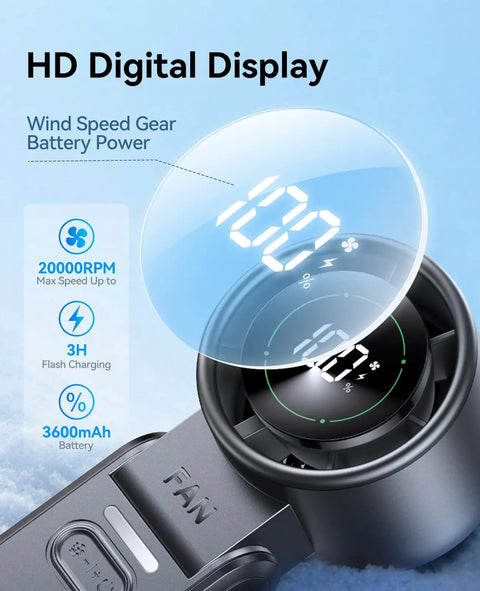 Close-up of Ultra Portable USB Rechargeable Handheld Fan With 100 Speed Turbo Airflow LED Display highlighting 100% speed