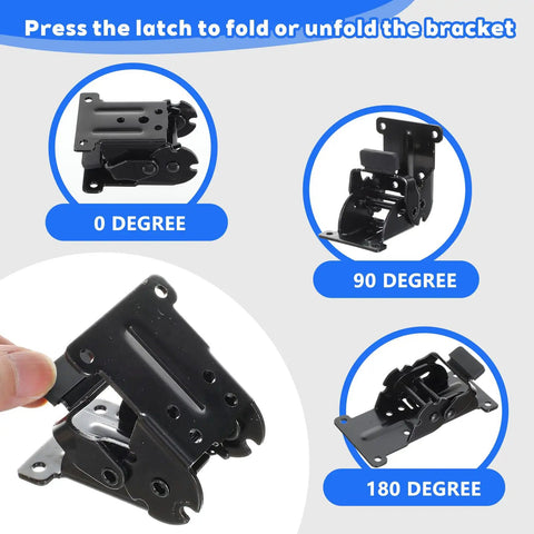 Heavy Duty Folding Brackets With Screws For Tables Beds Cabinets And Workbenches 10 Pack in 0, 90, and 180-degree positions.
