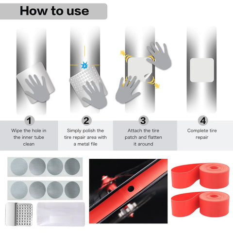 Step-by-step guide for using repair kit from Two Pack 700x35C Foldable Road Bike Tires With Inner Tubes And Repair Kit.