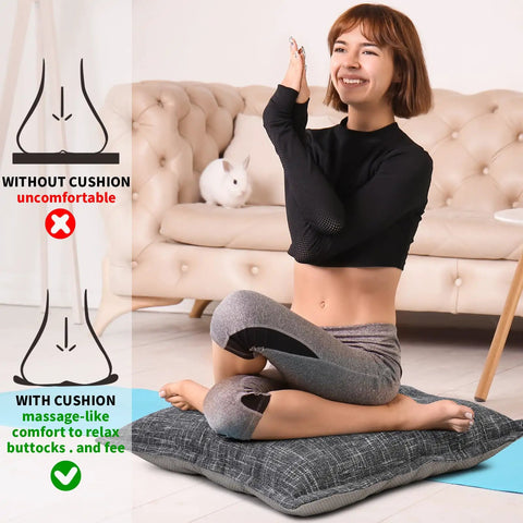22 Inch Large Floor Pillow With Thick Memory Foam Cushion, Non Slip Square Seat Pad For Office Back Support, Indoor Yoga And Chair Use, Color Block Fabric Washable Cover, Light Gray woman seated on it for yoga and floor support