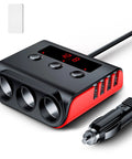 Slick Heavy Duty 7 In 1 Cigarette Lighter Splitter With 3 Independent 12V 24V Socket Outlets And 4 Fast Charge Usb Ports LED Voltage Monitor on black and red design.
