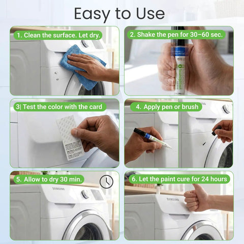 Instructions for using White Appliance Touch Up Paint Kit With Dual Pen And Brush Applicators for home repair on appliances.