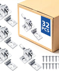 32 Pack Brass Heavy Duty Cabinet Door Latches with Mounting Screws for Closets, Bedroom, Bathroom, and Windows, Elbow Latch Hardware, Durable and Easy to Install. silver elbow latches with screws and 32 pcs box