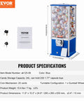 Heavy Duty Coin Operated Gumball Machine For Kids Stands Rock Solid At Twenty Five Inches And Holds Two Hundred Thirty Plastic Capsule Toys with visible setup and dimensions.