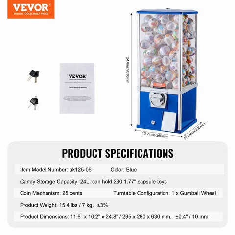 Heavy Duty Coin Operated Gumball Machine For Kids Stands Rock Solid At Twenty Five Inches And Holds Two Hundred Thirty Plastic Capsule Toys with visible setup and dimensions.