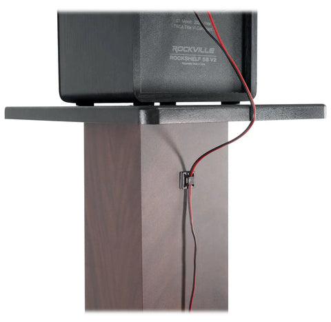 Pair 36 Inch Speaker Stands Built To Last With 100 Lb Capacity, Fixed Height, cable management, dark wood grain finish