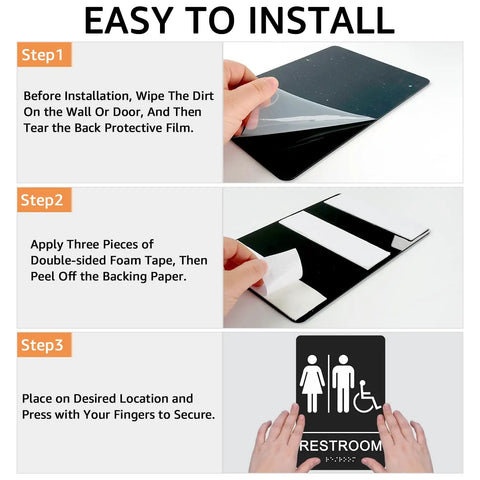 Installation steps of ADA Braille Unisex Restroom Sign 9 By 6 Inches With Self Adhesive Tape For Office And Business Bathrooms