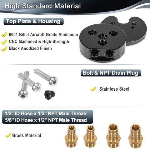 Diesel Fuel Tank Sump Kit With Dual Port Integrated Return For Airdog FASS Engines, Billet Aluminum, Black Anodized Finish