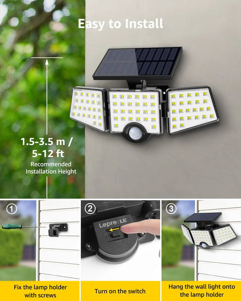 Outdoor Solar Motion Sensor Flood Light With 3 Adjustable Heads Beast Bright 1000lm 6500K Daylight illustration showing installation steps.