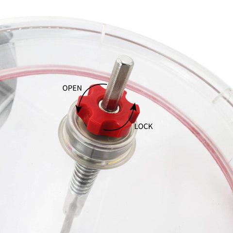 Close-up of adjustable hole saw cutter kit 40 to 300mm with red locking mechanism and ABS dust cover for wood and plywood.