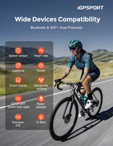 Cyclist on road using BSC300T Wireless Bike Computer GPS With Two Point Four Inch Touch Screen Offline Maps Off Course Warning And Power Level Display For Ebike Road Bike And MTB All Terrain Ready, showcasing device compatibility.